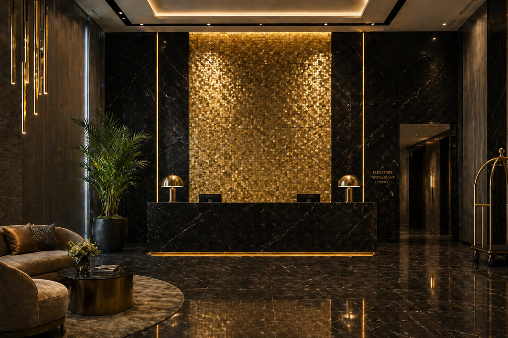 Luxurious hotel lobby with marble walls, gold accents, and modern decor.