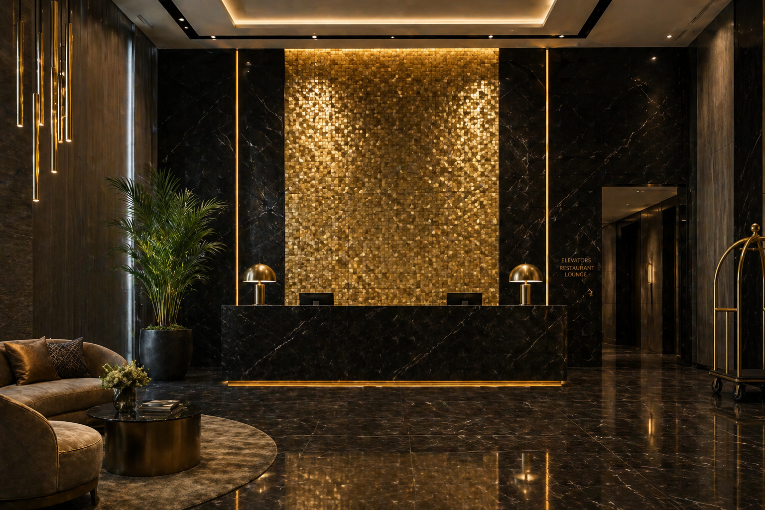 Luxurious hotel lobby with marble walls, gold accents, and modern decor.