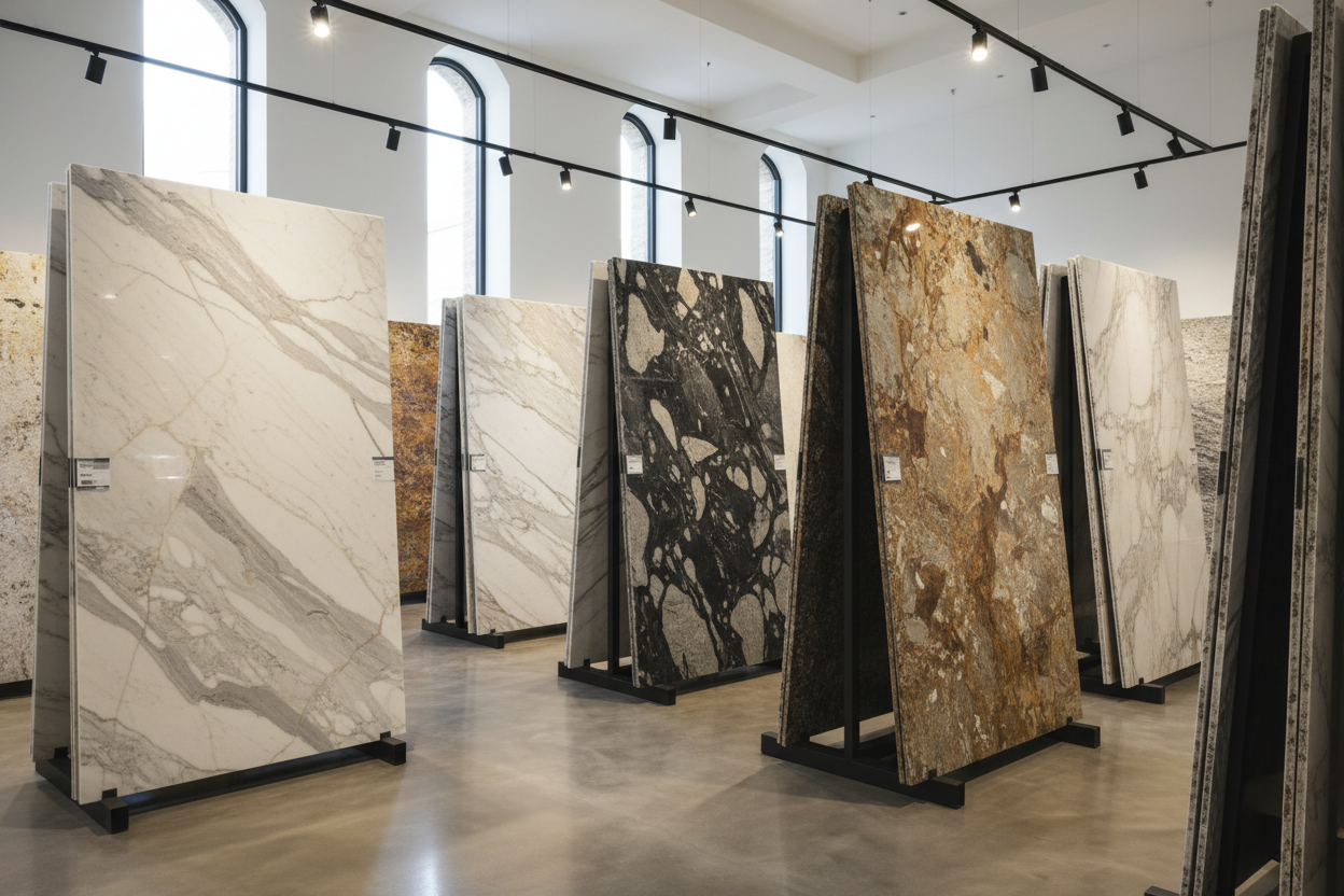 Display of various marble and stone samples in a showroom.
