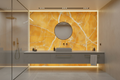 Modern bathroom with yellow marble wall and gray vanity