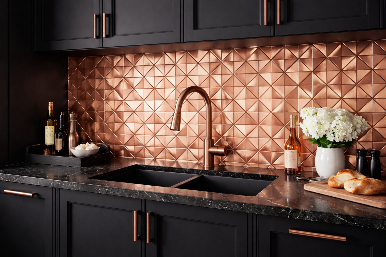 Modern kitchen with black cabinets, copper backsplash, and marble countertop.