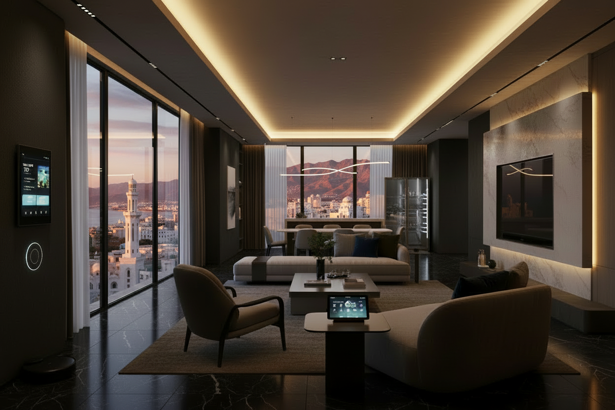 Modern Living room with Muscat view in Oman including smart home gadgets
