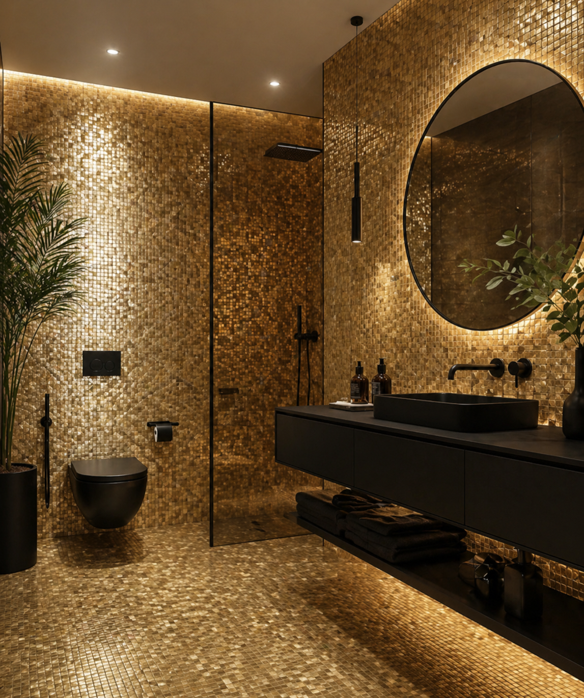 Modern bathroom with gold mosaic tiles, round mirror, and black fixtures.