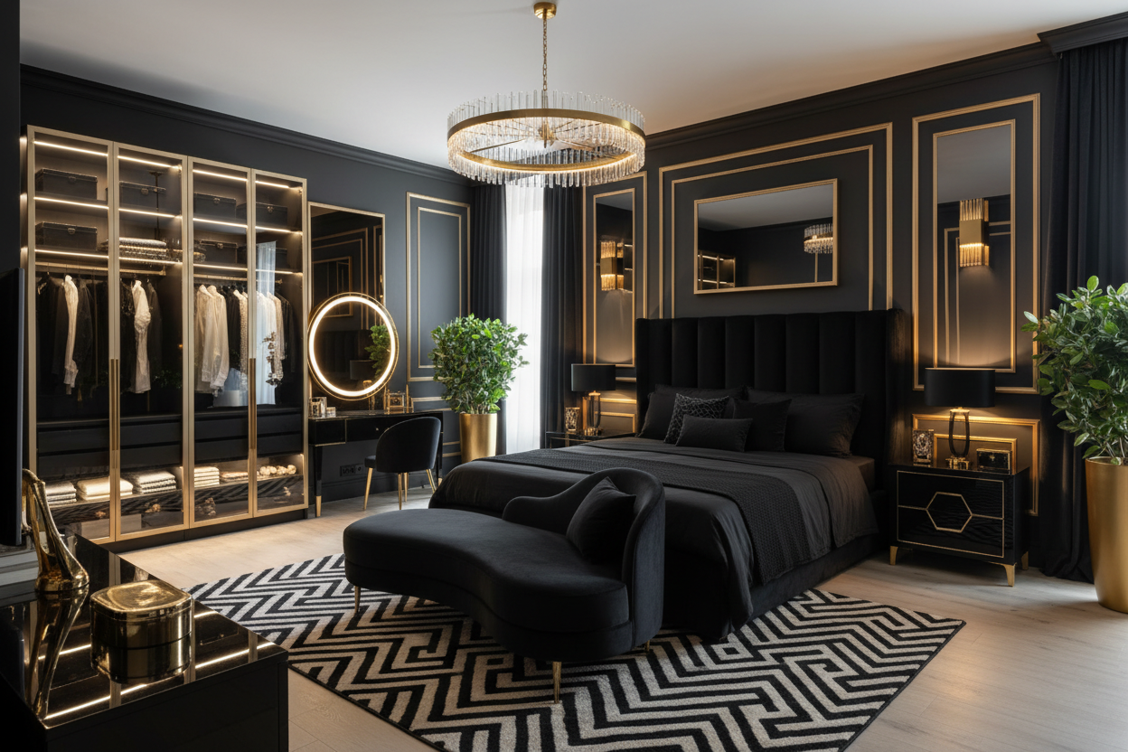 Modern bedroom with dark black and gold walls, a bed, and decorative elements design