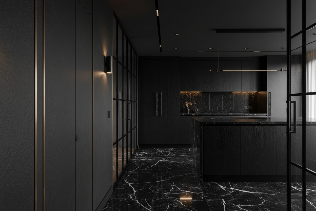 Modern kitchen with dark black marble flooring and sleek cabinetry