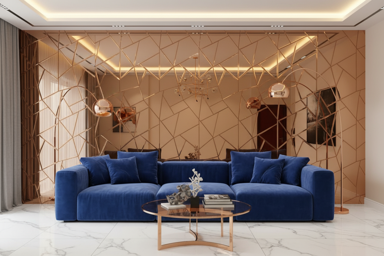 Modern living room with a blue sofa and geometric wall design.