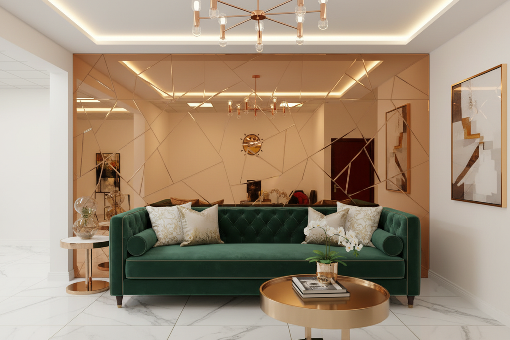 Modern living room with a green sofa, gold coffee table, and decorative wall art.