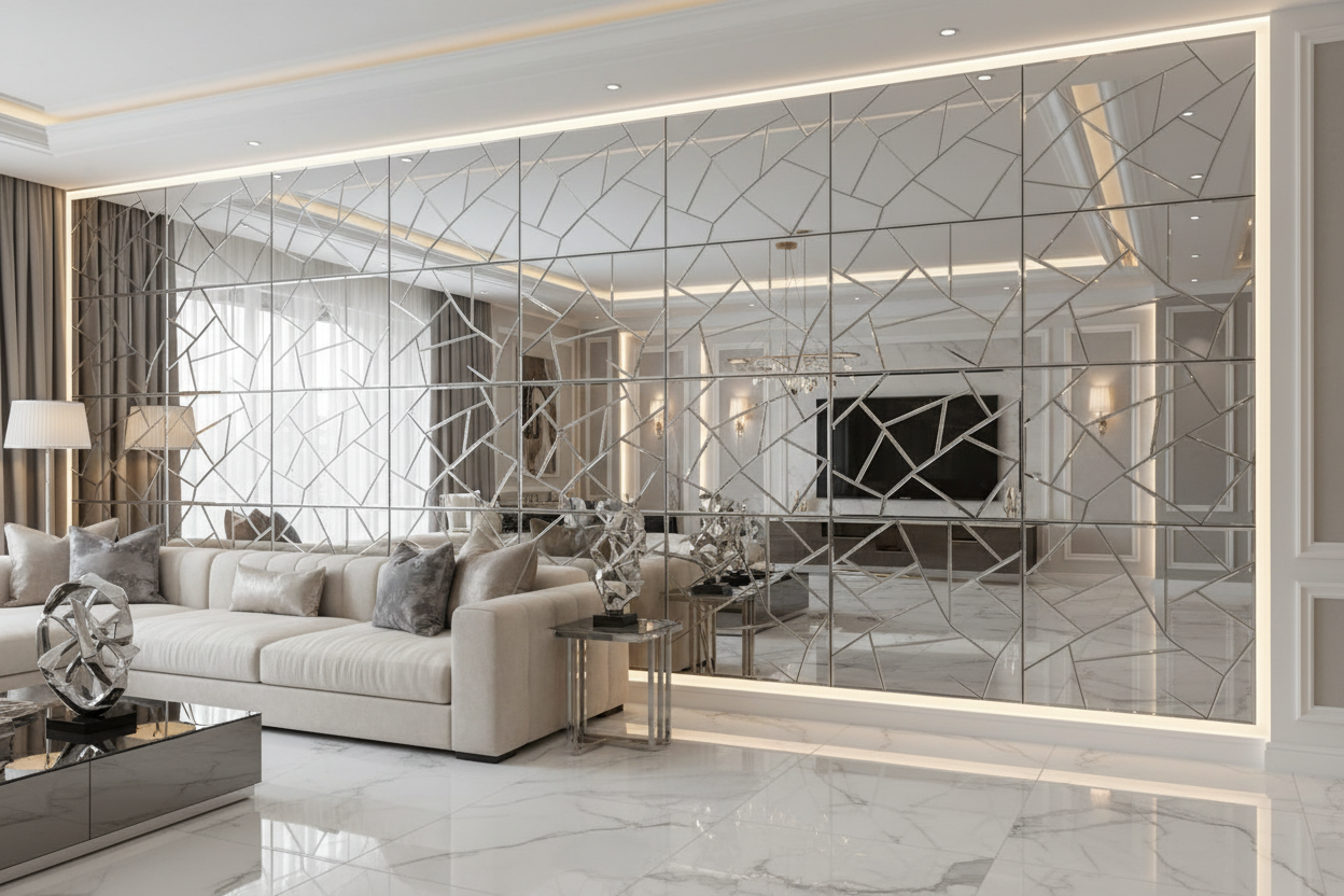 Modern living room with a geometric mirror wall design.