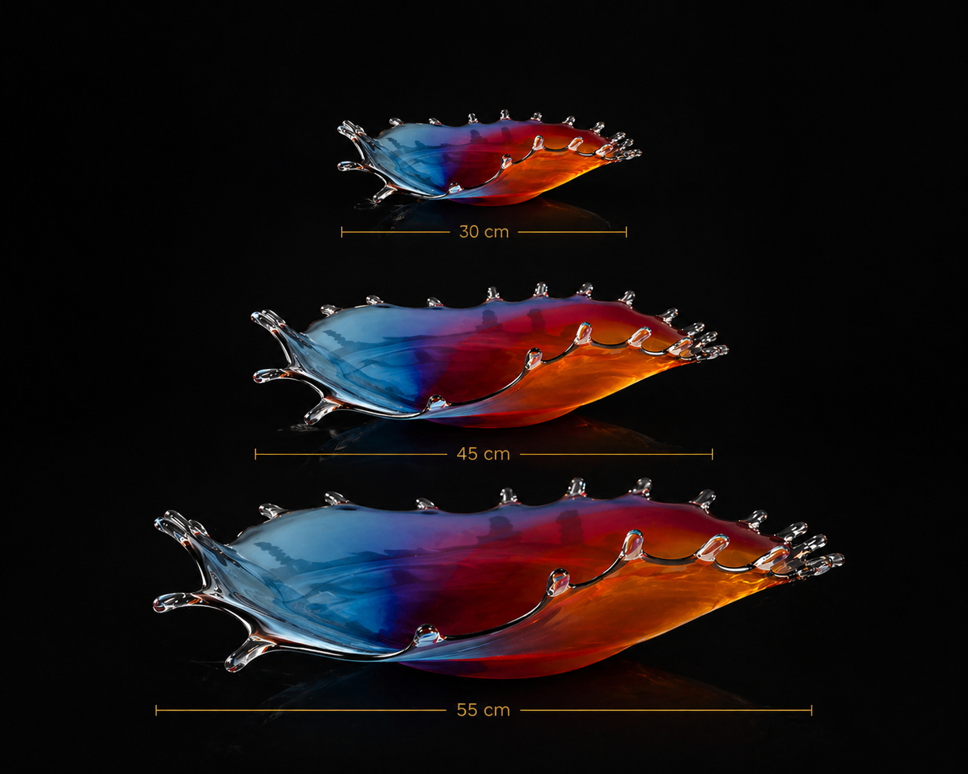 Colorful glass dish with dimensions on a black background