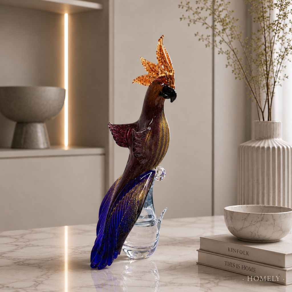 Decorative glass sculpture of a flamingo with a black beak in a blurred indoor setting.