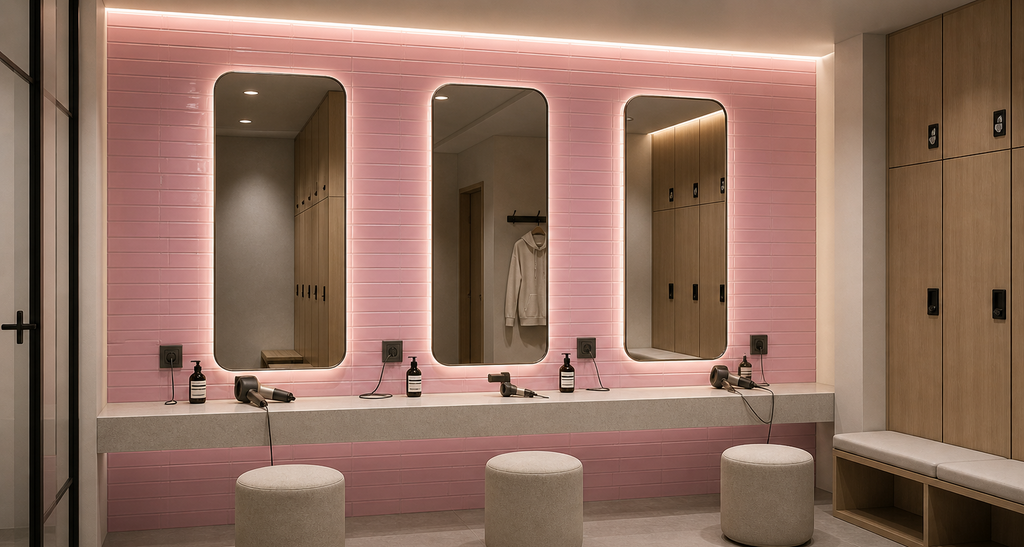Bathroom with pink tiled walls, mirrors, and a vanity area.