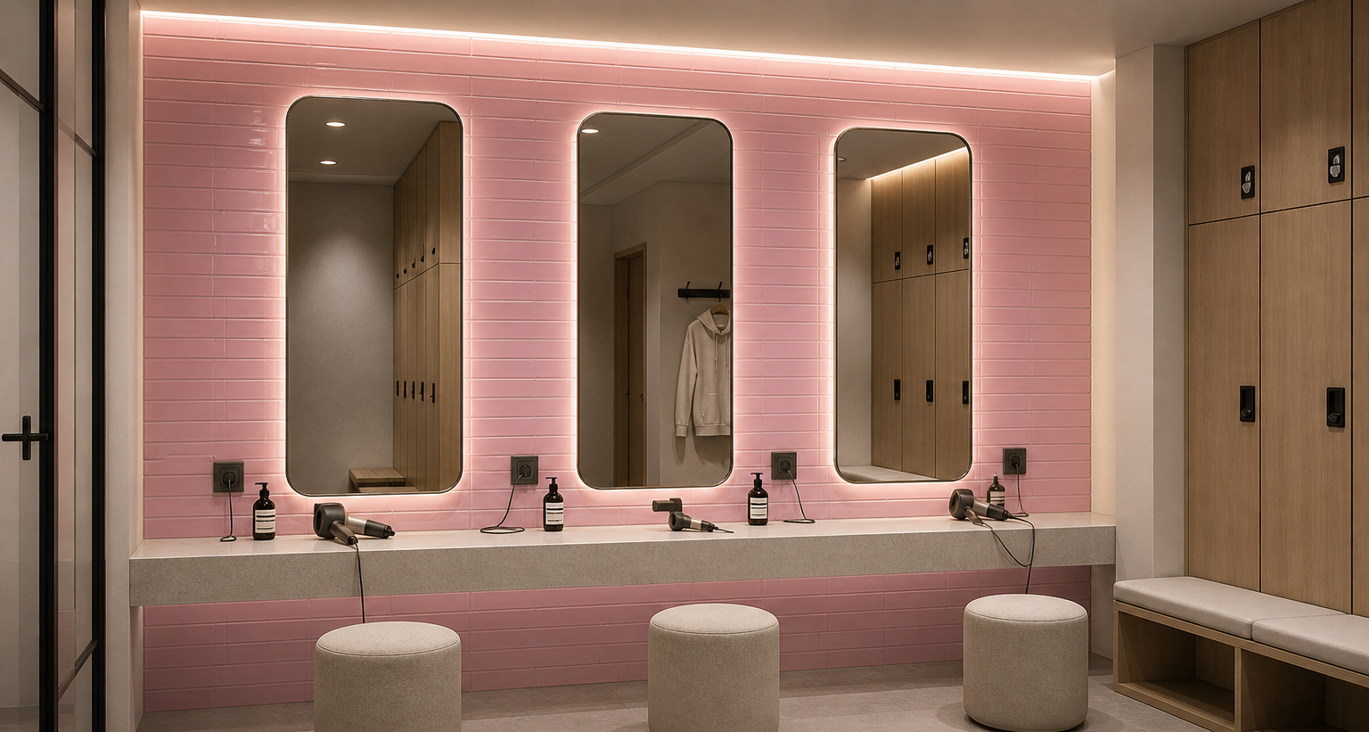 Bathroom with pink tiled walls, mirrors, and a vanity area.