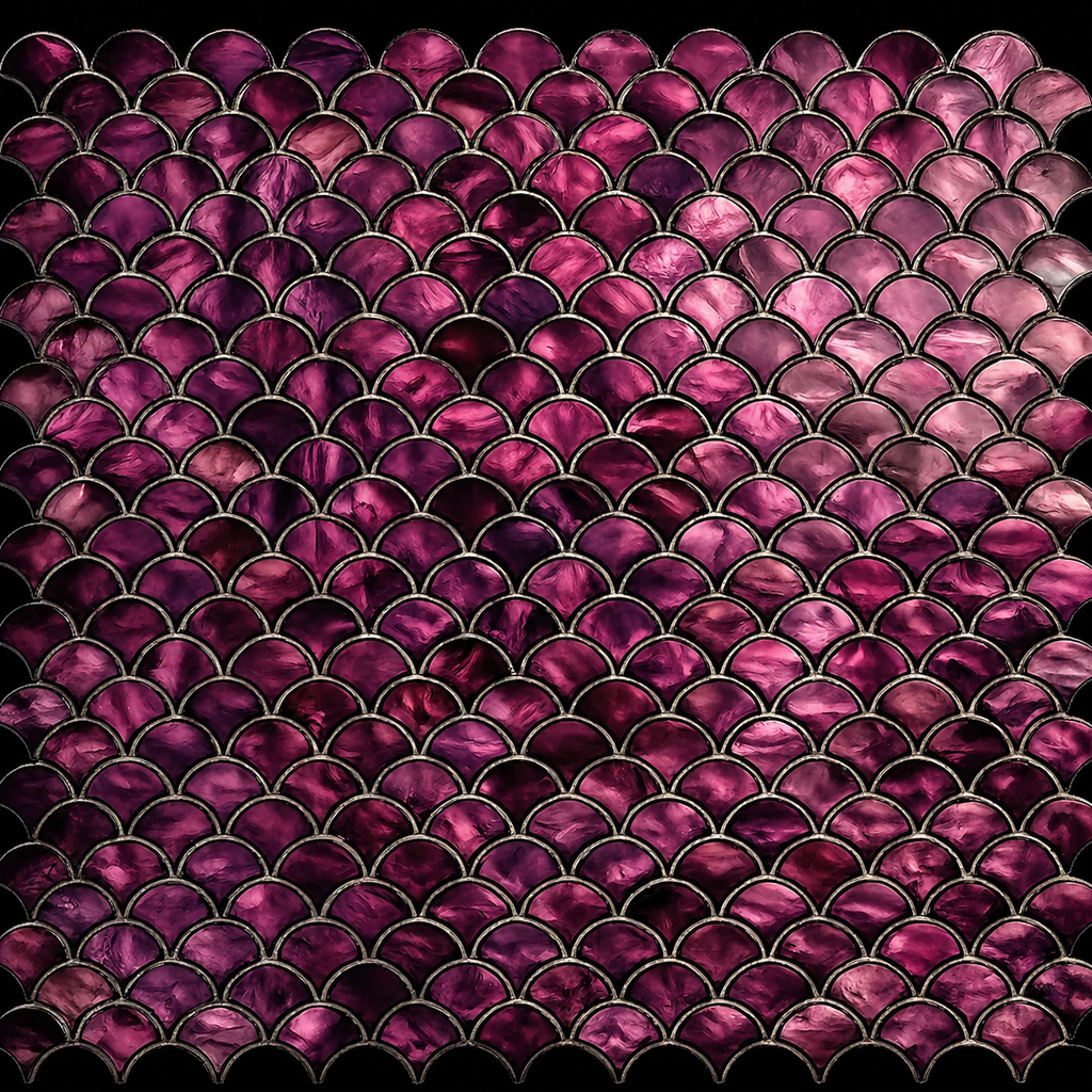 Mosaic pattern of purple fish scales on a black background