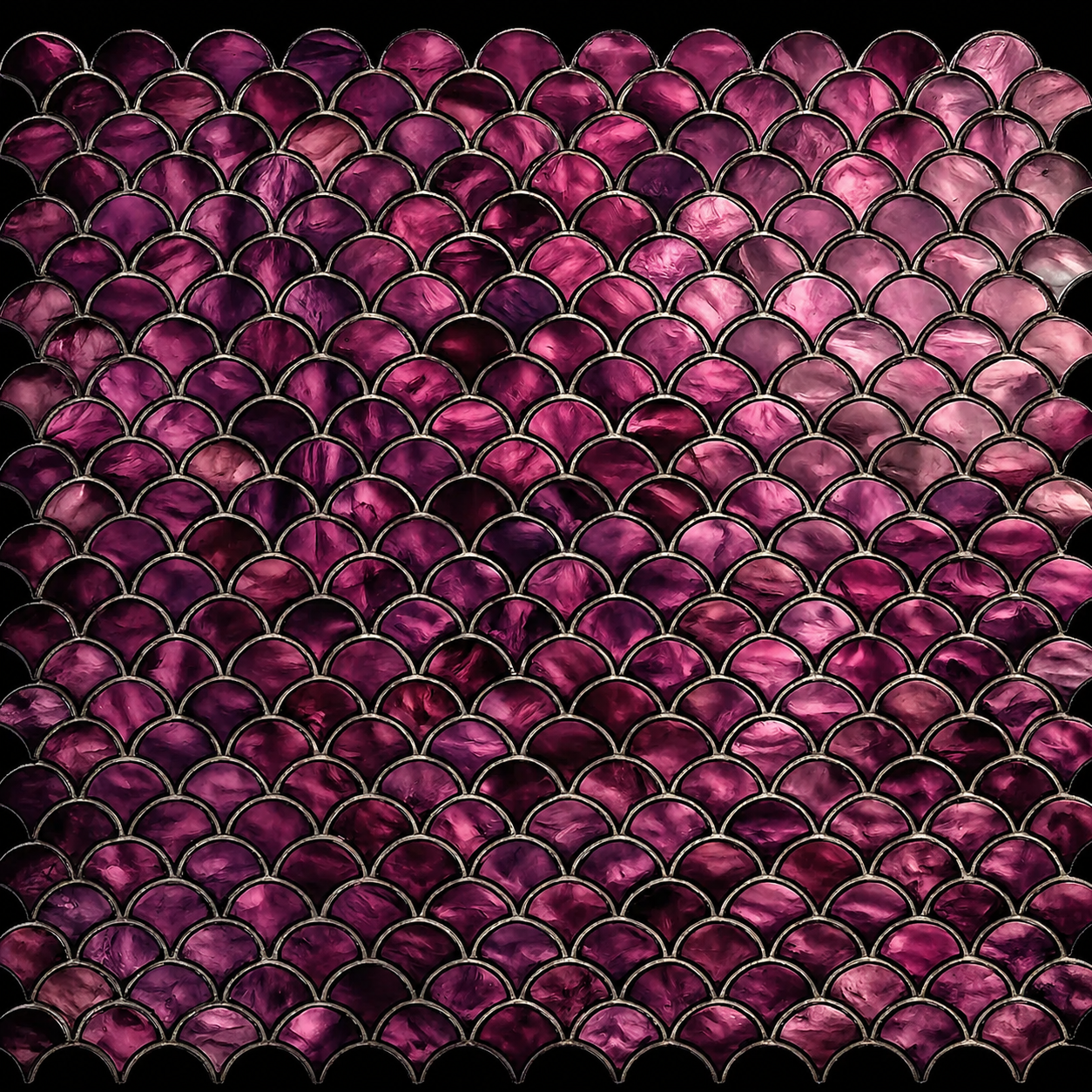 Mosaic pattern of purple fish scales on a black background