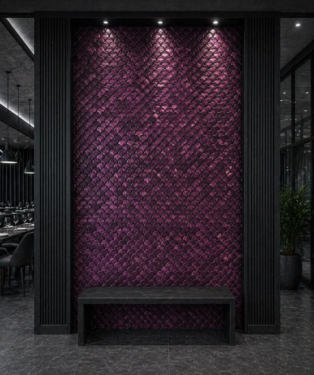 Decorative purple wall with geometric pattern in a modern interior setting