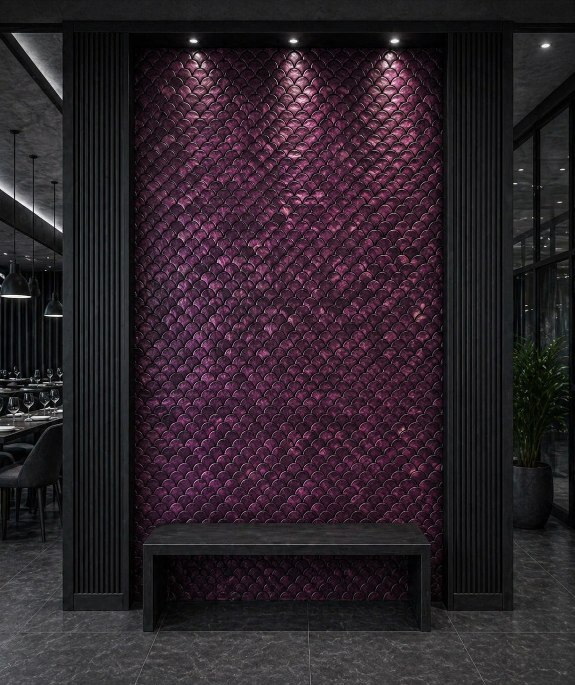 Decorative purple wall with geometric pattern in a modern interior setting