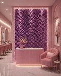 Pink interior design with a textured purple wall, bathtub, and armchair.