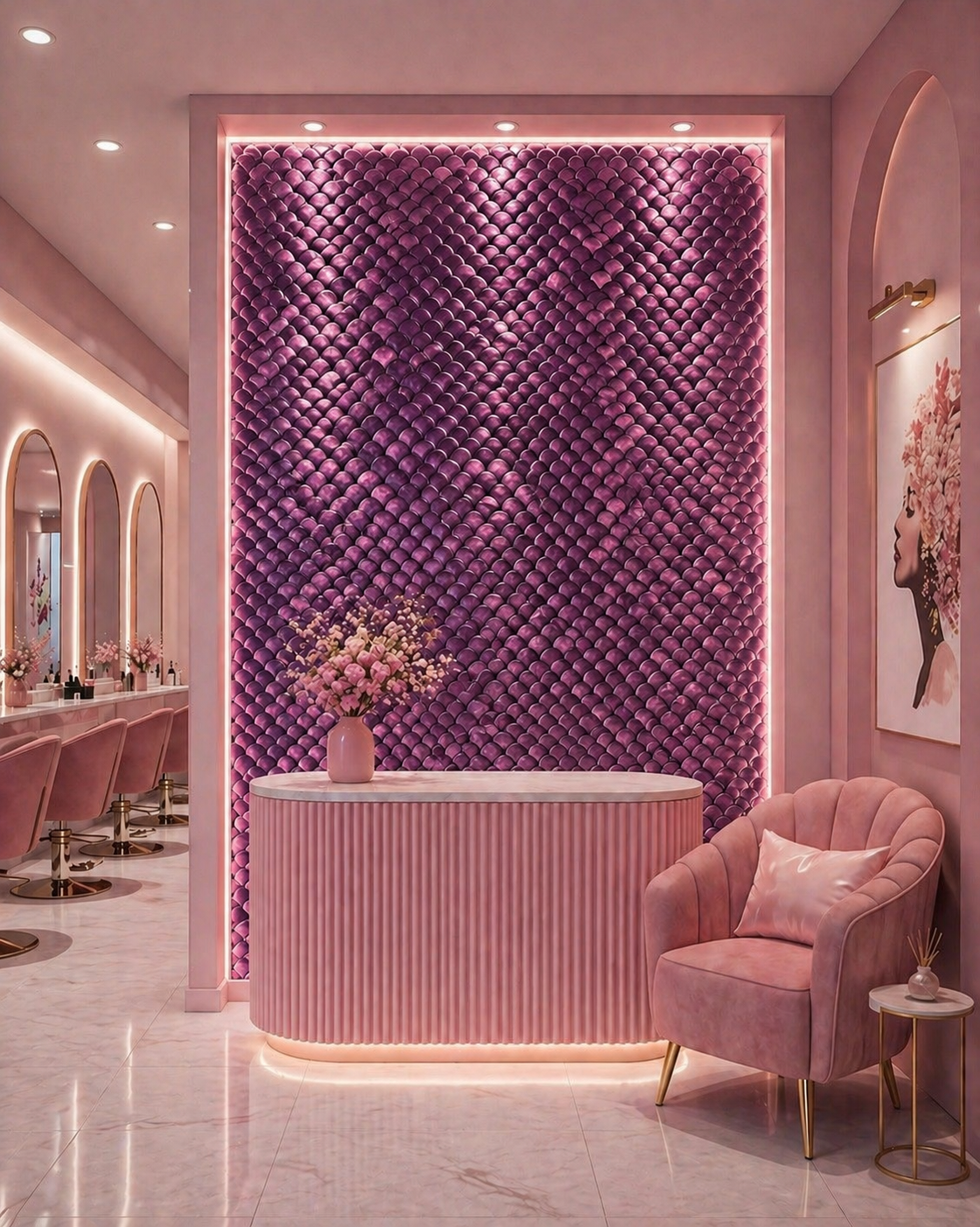 Pink interior design with a textured purple wall, bathtub, and armchair.