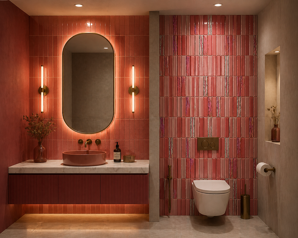 Bathroom with red tiled walls, a sink, and toilet.