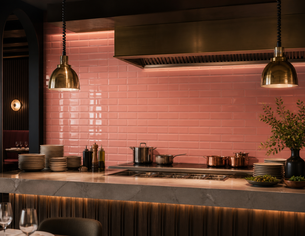 Modern kitchen with pink tiled wall, stainless steel appliances, and decorative elements.