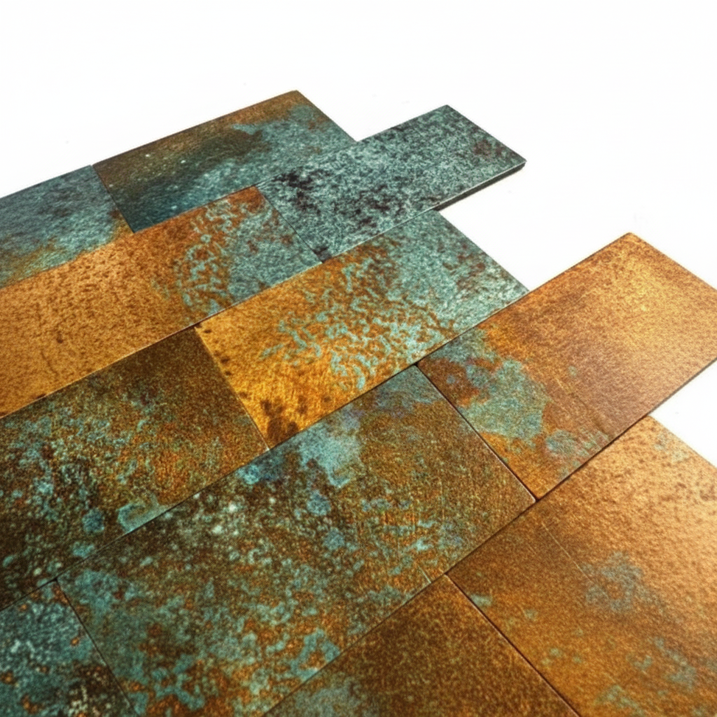 Rust-colored metal tiles with a textured surface on a white background