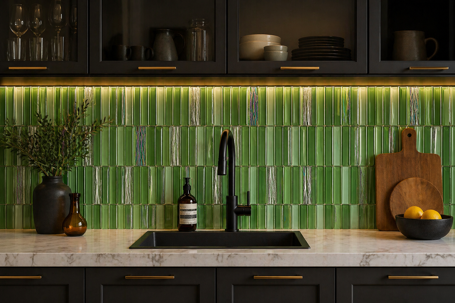 Sage green iridescent glass mosaic tile backsplash with mixed matte, glossy, and silver mirror strip finish — ideal for luxury kitchen walls