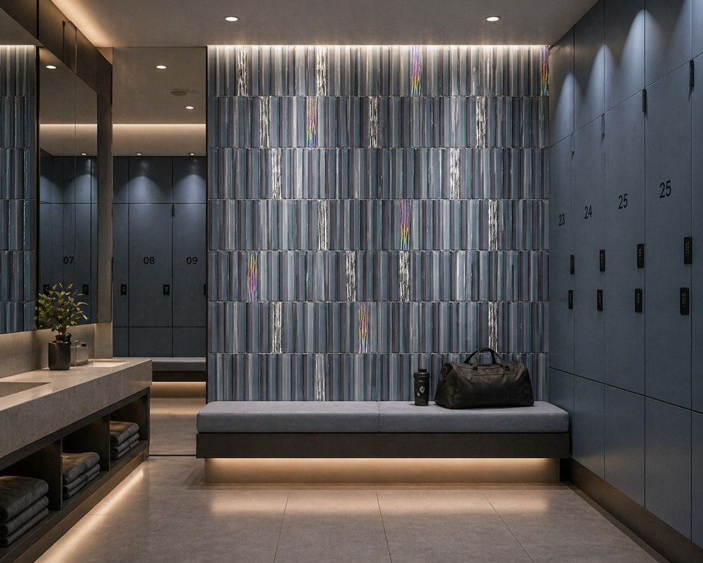 Modern bathroom with tiled wall, bench, and lockers.