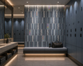 Modern bathroom with tiled wall, bench, and lockers.