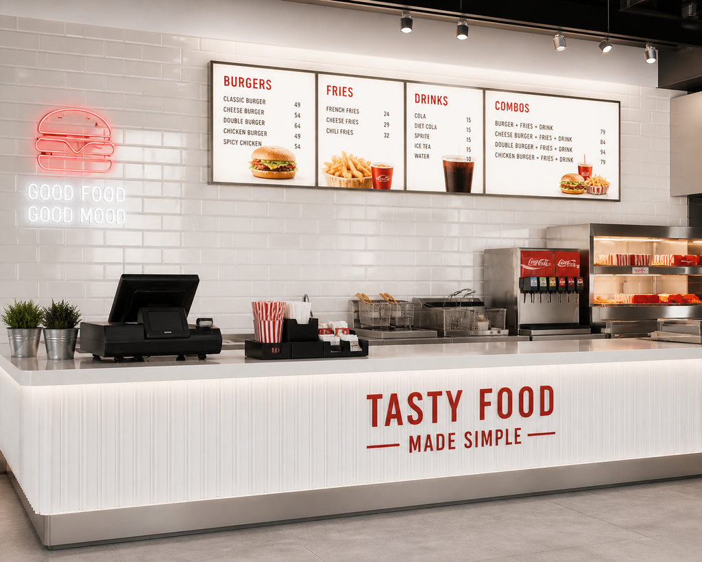 Modern fast food restaurant counter with white glazed glass subway tile backsplash, neon burger sign, digital menu board, and POS system — interior design featuring cream white beveled tiles in a staggered brick pattern