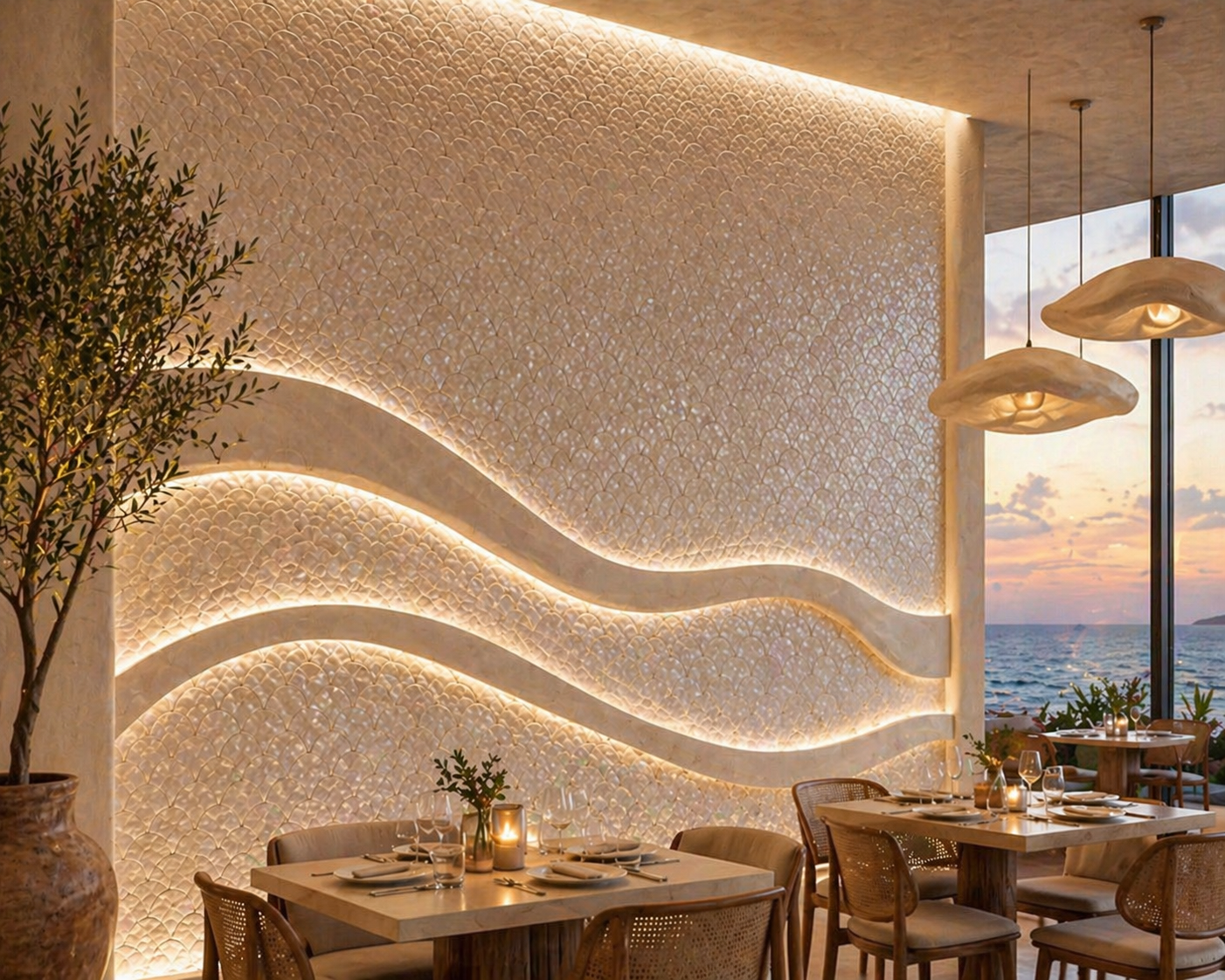 Modern restaurant interior with wavy wall design and ocean view