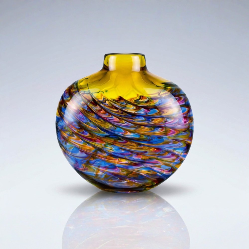Multicolored glass vase on a reflective surface with a gradient background