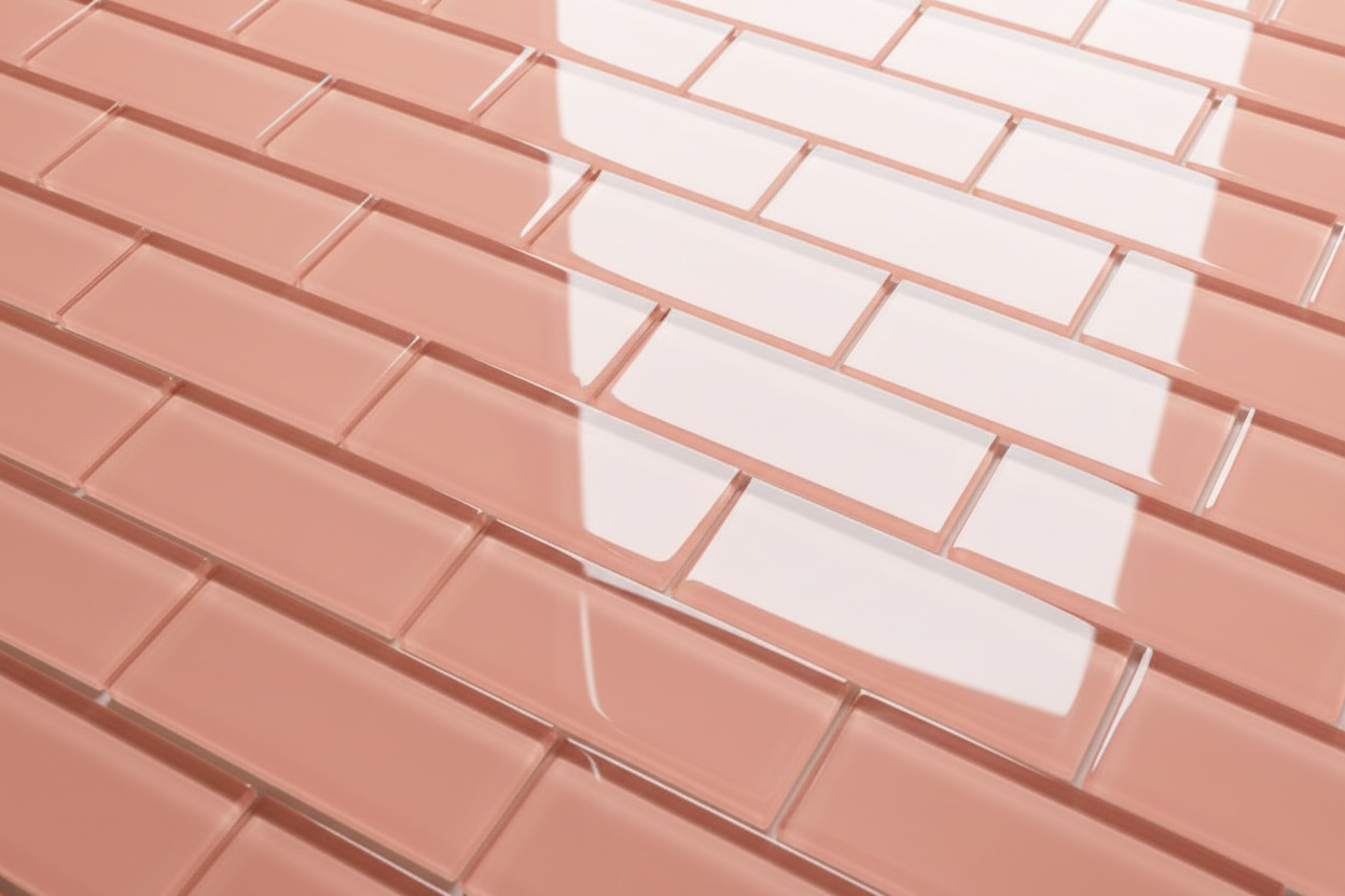 Close-up of rose gold rectangular tiles with a reflective surface