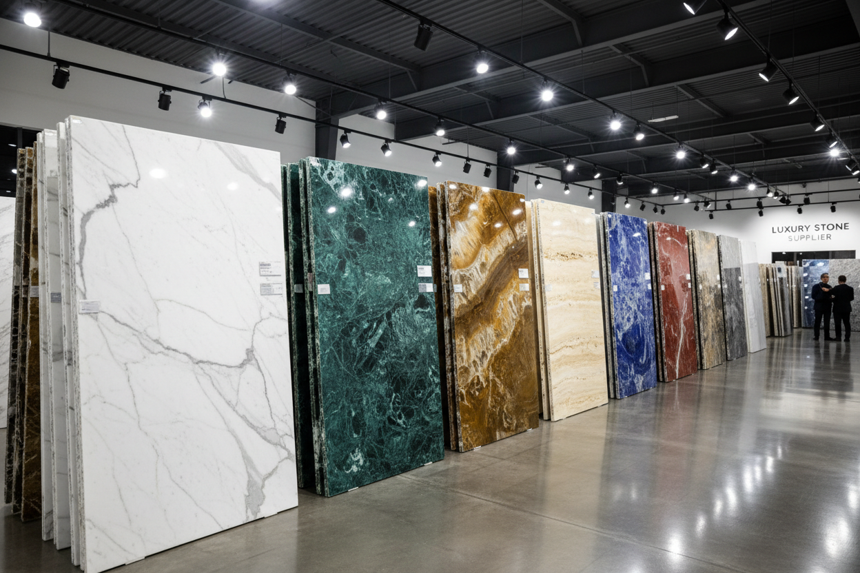 Display of various marble samples in a showroom.