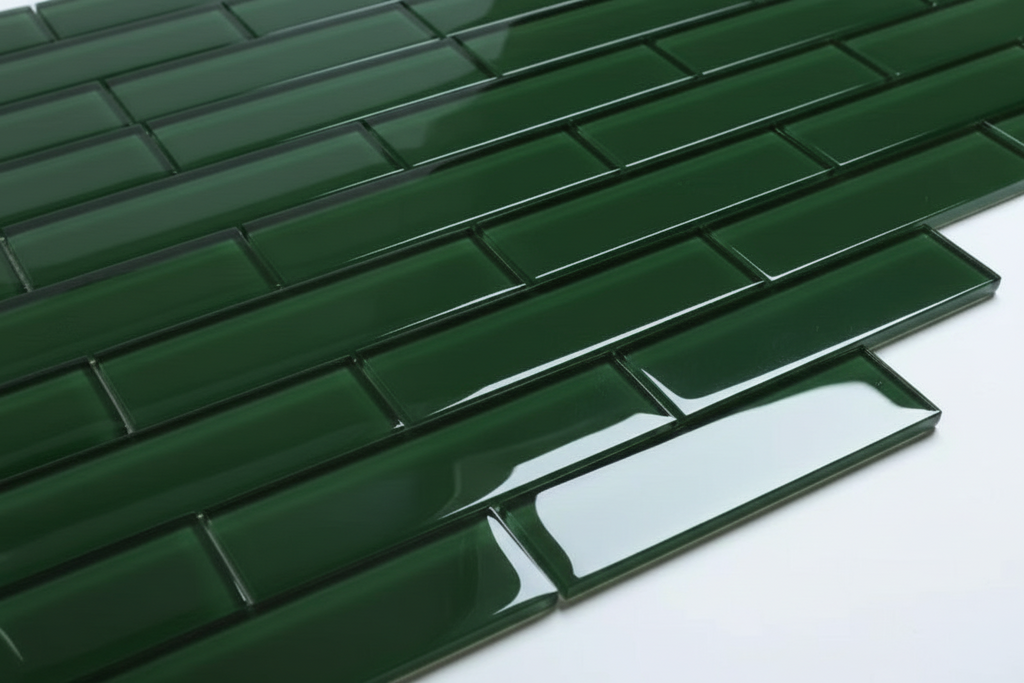 Green glass mosaic tiles on a white background