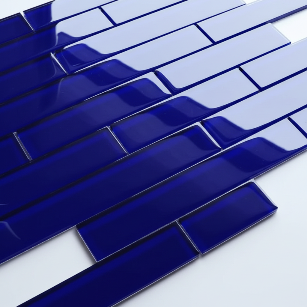 Blue ceramic tiles arranged in a brick pattern on a white background