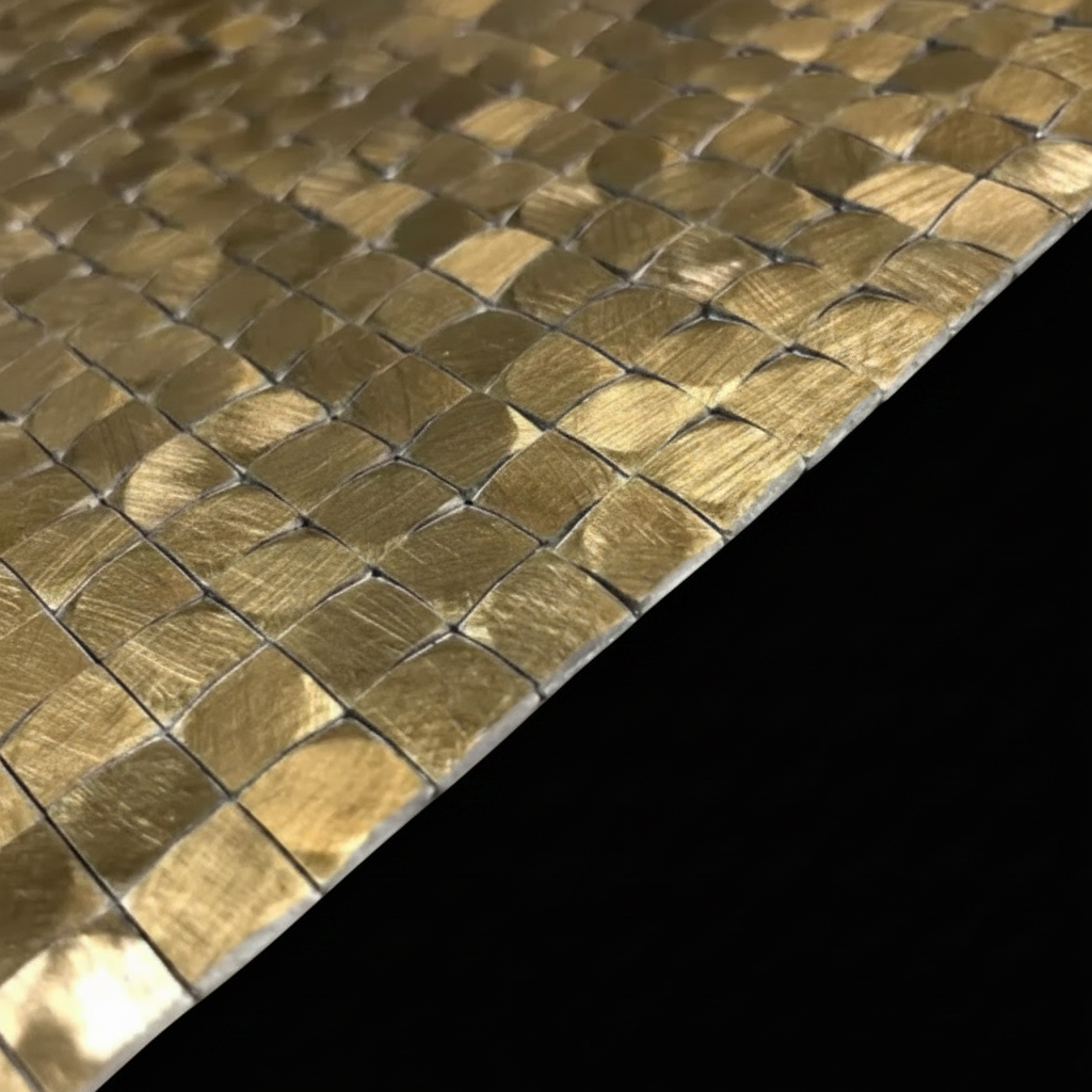 Close-up of gold mosaic tiles on a black background