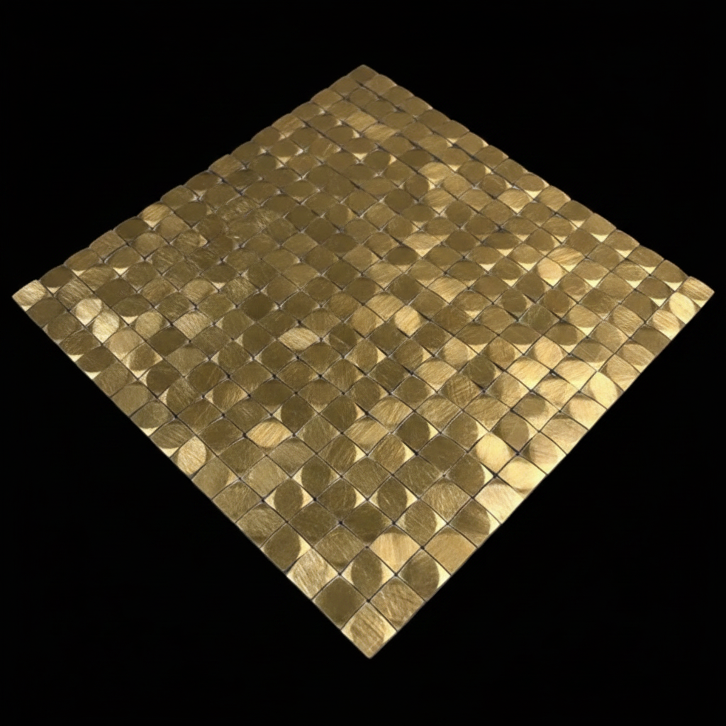 Square tile with a gold, circular pattern on a black background