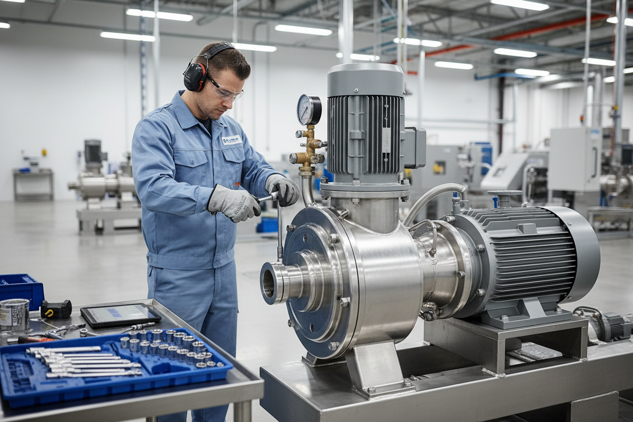 Person working on a large mechanical pump in a factory setting