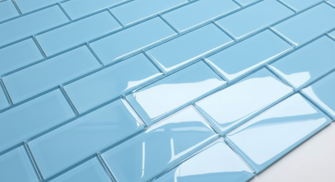 Close-up of blue glass tiles with reflective surface