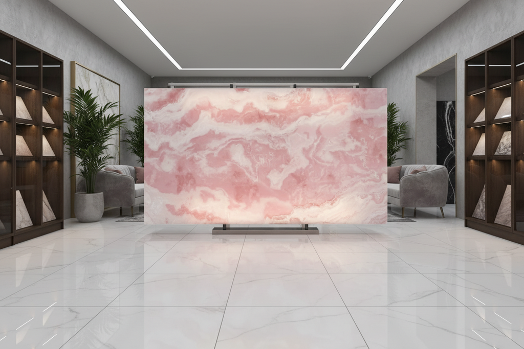 Modern interior with a large pink marble-patterned screen in the center.