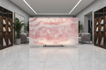 Modern interior with a large pink marble-patterned screen in the center.